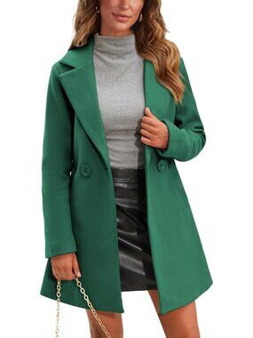 Women's Teal Notch Collar Long Sleeve Pockets Double Breasted Causal Trench Coat
